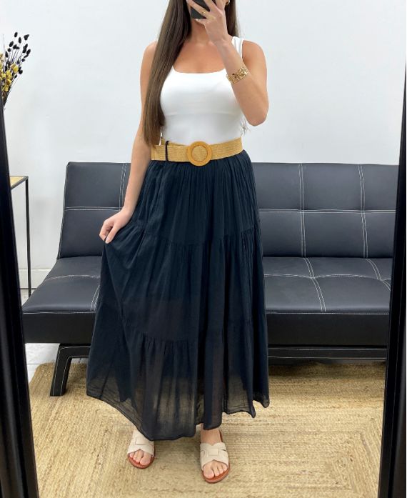 ROCK AUS BAUMWOLLCHIFFON MIT FUTTER + GÜRTEL PE1660 SCHWARZ