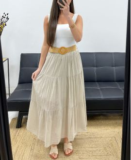 FALDA DE GASA DE ALGODÓN CON FORRO + CINTURÓN PE1660 BEIGE