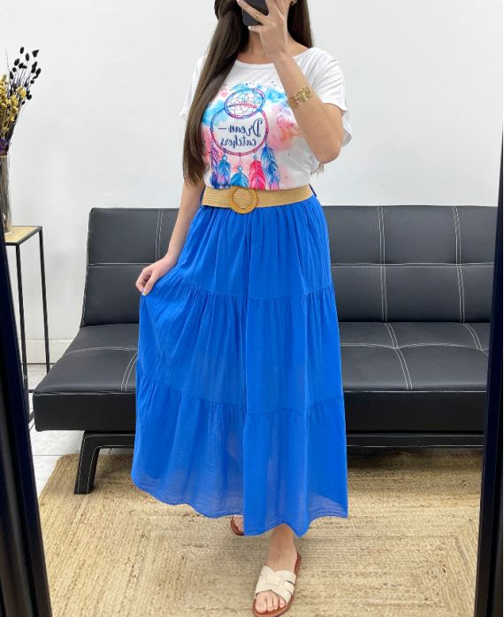 FALDA DE GASA DE ALGODÓN CON FORRO + CINTURÓN PE1660 ROYAL BLUE