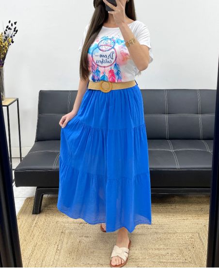 GONNA IN CHIFFON DI COTONE CON FODERA + CINTURA PE1660 BLU ROYAL