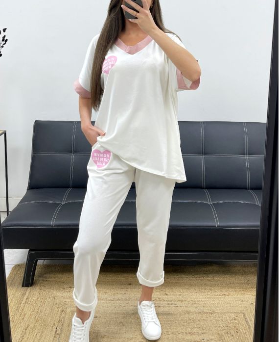 ENSEMBLE AMPLE T-SHIRT + PANTALON ASSORTI PE2288 ECRU