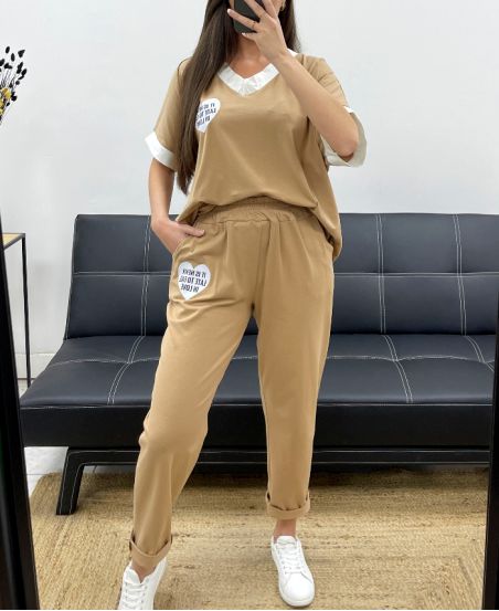 LOOSE SET T-SHIRT + MATCHING PANTS PE2288 CAMEL