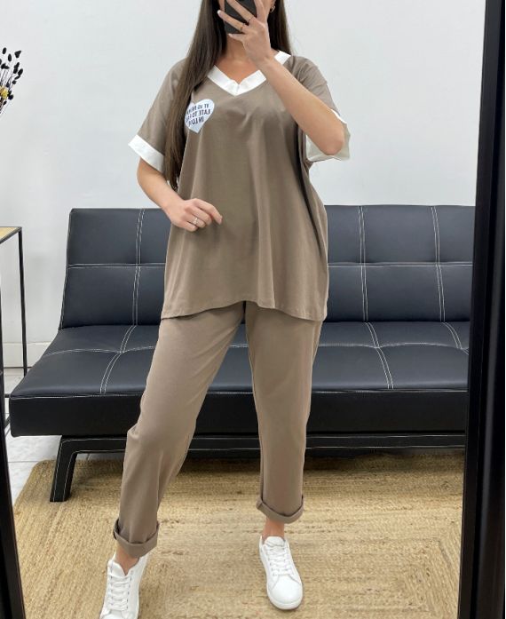 LOOSE SET T-SHIRT + MATCHING PANTS PE2288 BROWN