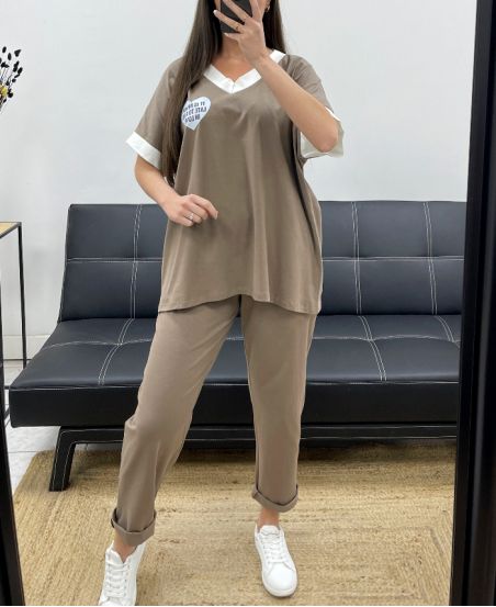 LOOSE SET T-SHIRT + MATCHING PANTS PE2288 BROWN