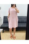 2-POCKET EMBROIDERY COTTON DRESS PE1044 PINK