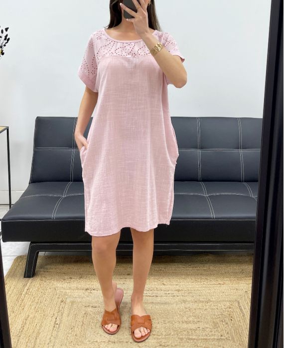 2-POCKET EMBROIDERY COTTON DRESS PE1044 PINK
