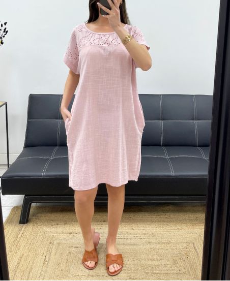 2-POCKET EMBROIDERY COTTON DRESS PE1044 PINK