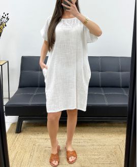 ROBE COTON BRODERIE 2 POCHES PE1044 BLANC