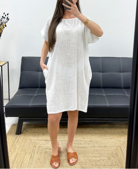 2-POCKET EMBROIDERY COTTON DRESS PE1044 WHITE