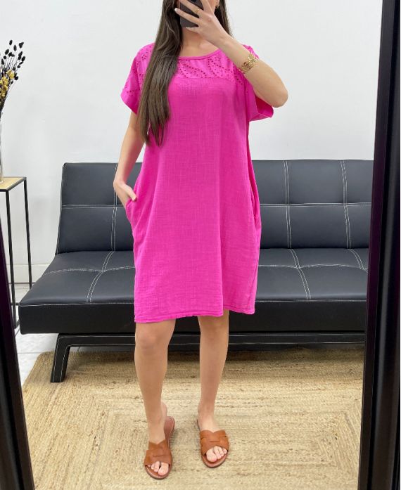 2-POCKET-KLEID AUS BAUMWOLLE MIT STICKEREI PE1044 FUSHIA
