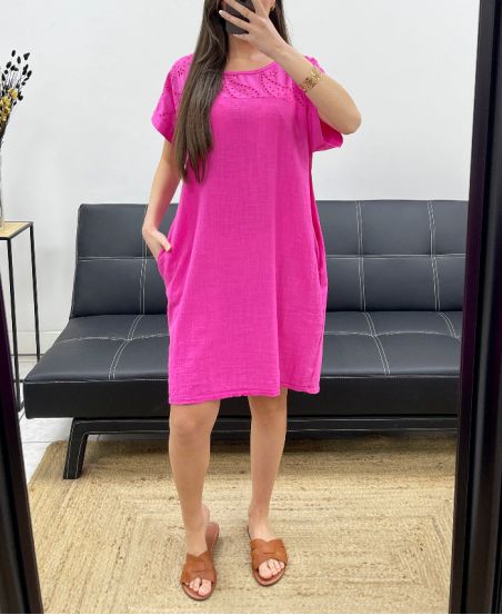 2-POCKET-KLEID AUS BAUMWOLLE MIT STICKEREI PE1044 FUSHIA