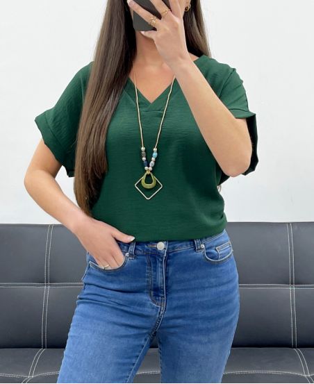 TOP CON ESCOTE EN V + COLLAR OFRECIDO PE1615 VERDE
