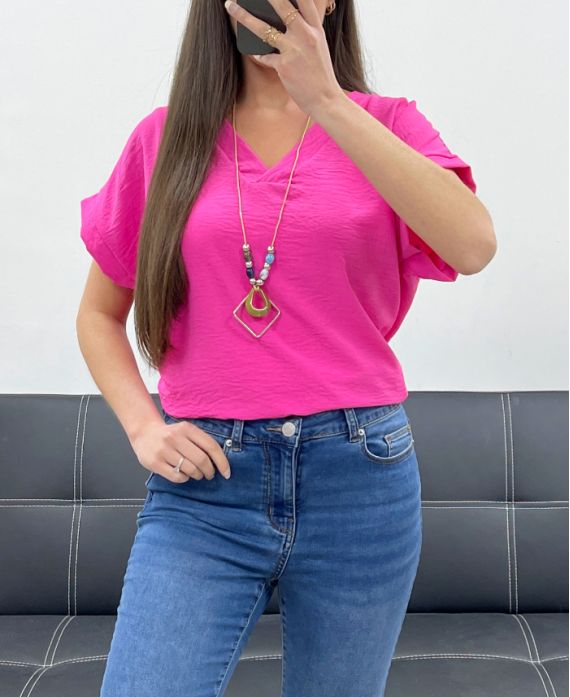 GRATIS TOP MIT V-AUSSCHNITT + HALSKETTE PE1615 FUSHIA