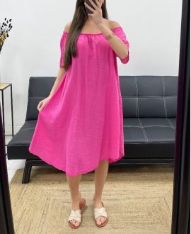 ABITO OVERSIZE IN GARZA DI COTONE CON SCOLLO ELASTICIZZATO PE1107 FUCSIA