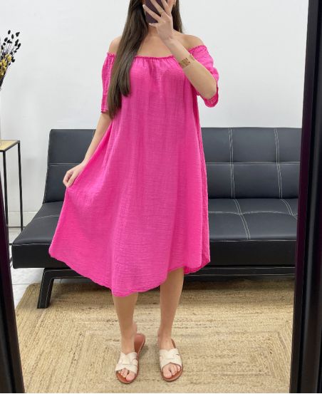 ABITO OVERSIZE IN GARZA DI COTONE CON SCOLLO ELASTICIZZATO PE1107 FUCSIA