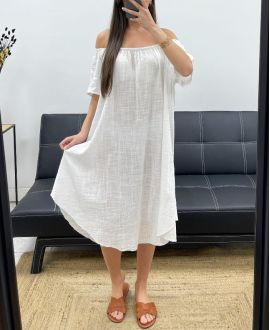 ABITO OVERSIZE IN GARZA DI COTONE CON SCOLLO ELASTICIZZATO PE1107 BIANCO