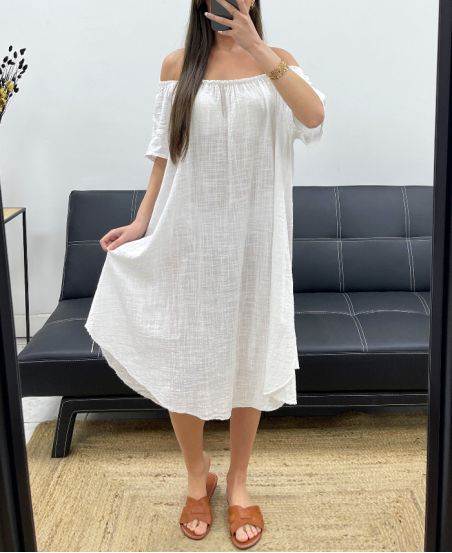 ABITO OVERSIZE IN GARZA DI COTONE CON SCOLLO ELASTICIZZATO PE1107 BIANCO