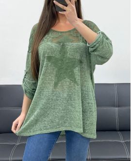 T-SHIRT BI-MATIERE DENTELLE ETOILE PE1696 KAKI
