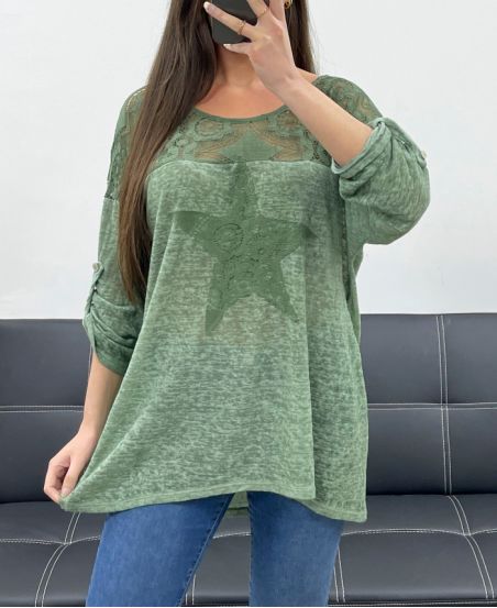 T-SHIRT BI-MATIERE DENTELLE ETOILE PE1696 KAKI