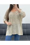 T-SHIRT BI-MATERIALE IN PIZZO STAR PE1696 BEIGE