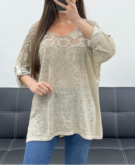 CAMISETA BIMATERIAL STAR LACE PE1696 BEIGE