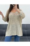 T-SHIRT BI-MATERIALE IN PIZZO STAR PE1696 BEIGE