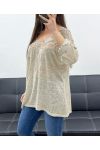 T-SHIRT BI-MATERIALE IN PIZZO STAR PE1696 BEIGE