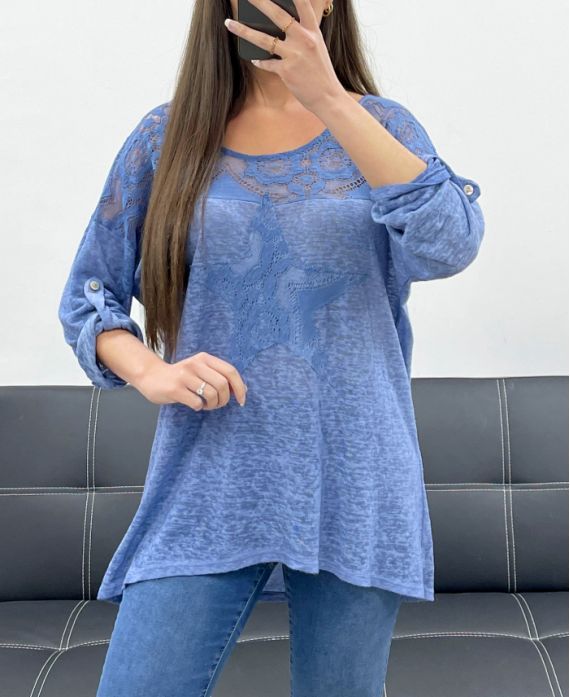 T-SHIRT BIMATERIALE IN PIZZO STELLA PE1696 BLU