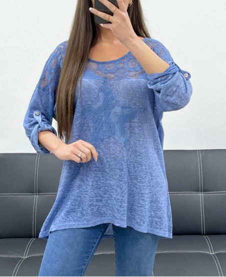 CAMISETA DE ENCAJE DE ESTRELLAS BIMATERIAL PE1696 AZUL