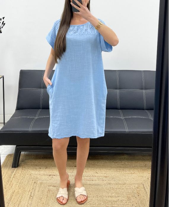ROBE COTON BRODERIE 2 POCHES PE1044 BLEU CLAIR