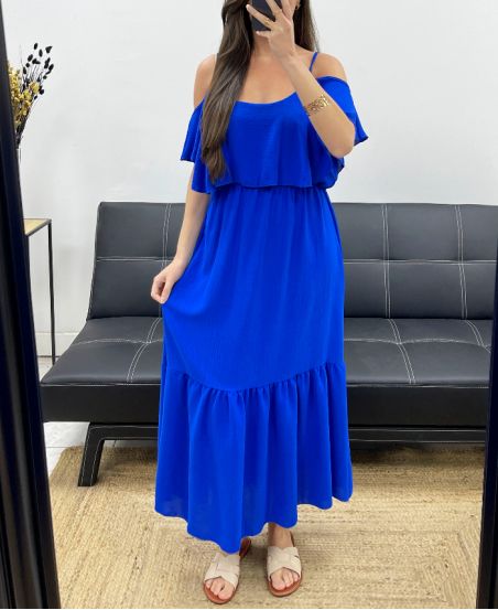 ROBE LONGUE A VOLANTS PE1645 BLEU ROYAL