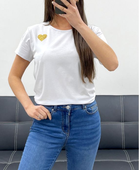 CAMISETA CORAZÓN DE ALGODÓN DORADO PE2291 BLANCO
