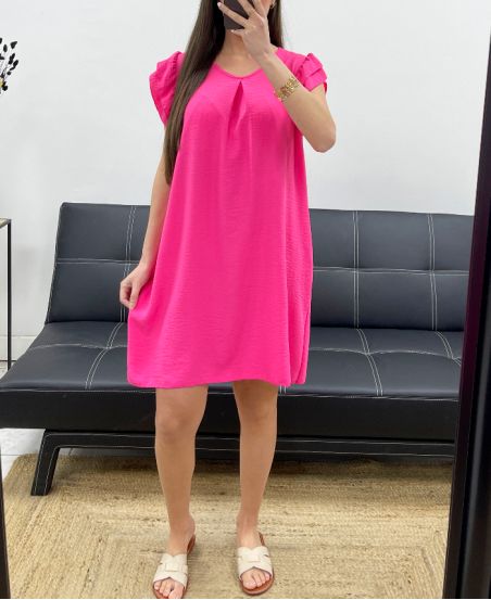 ABITO CON MANICHE FLUIDE CON VOLANT PE807 FUCSIA