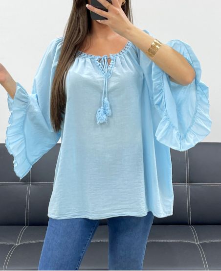 TUNIQUE EN MOUSSELINE DE COTON PE2250 BLEU CIEL