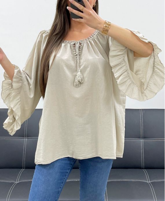 PE2250 TUNICA IN MUSSOLA DI COTONE BEIGE