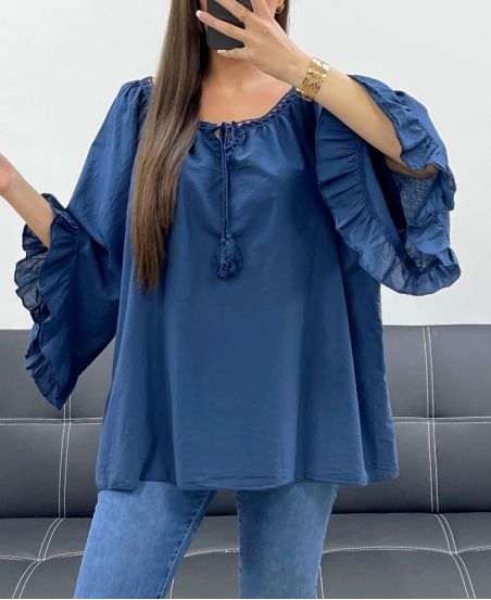 PE2250 MARINEBLAUWE KATOENEN MOUSSELINE TUNIEK