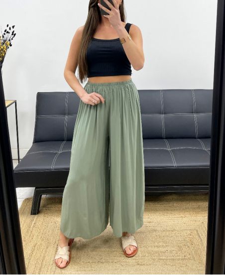 PANTALONE AMPIO E FLUIDO IN VISCOSA PE1334 KHAKI