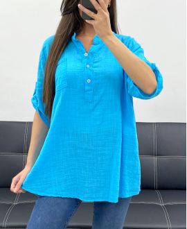BLUSA DE GASA DE ALGODÓN CON BOLSILLO PE0457 AZUR