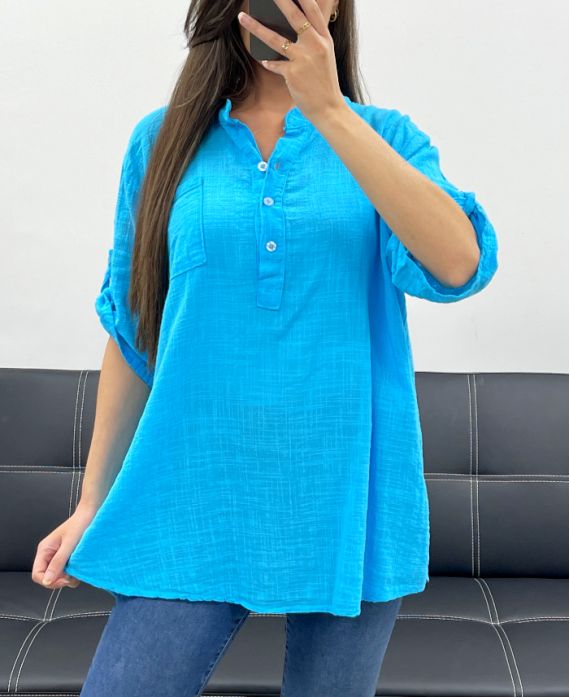 BLUSA DE GASA DE ALGODÓN CON BOLSILLO PE0457 AZUR