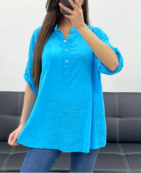 BLUSA DE GASA DE ALGODÓN CON BOLSILLO PE0457 AZUR