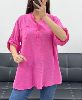 BLUZKA Z GAZY BAWEŁNIANEJ Z KIESZENIĄ PE0457 FUSHIA