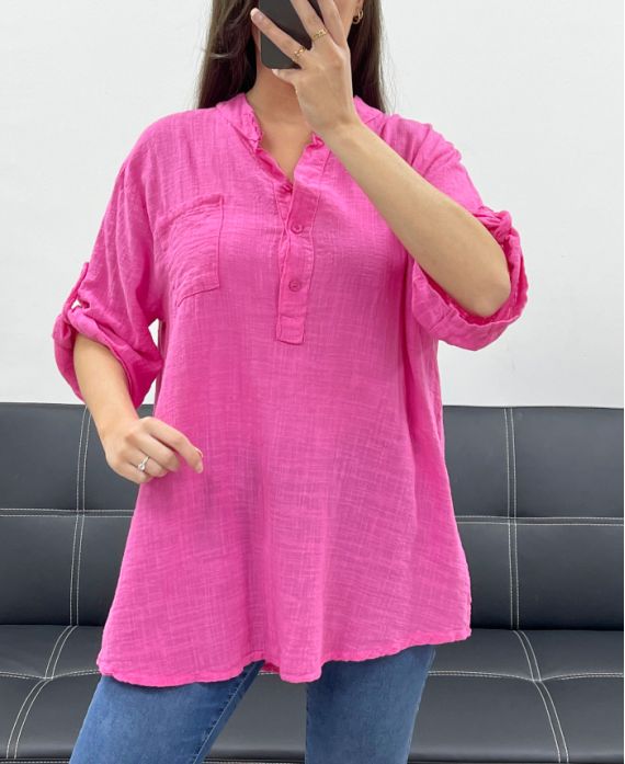 BLUZKA Z GAZY BAWEŁNIANEJ Z KIESZENIĄ PE0457 FUSHIA