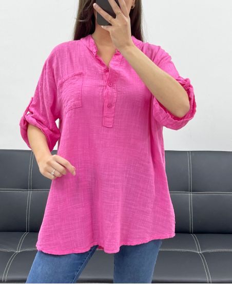 BLUZKA Z GAZY BAWEŁNIANEJ Z KIESZENIĄ PE0457 FUSHIA