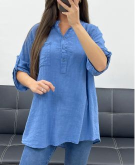 BLUSA DE GASA DE ALGODÓN CON BOLSILLO PE0457 JEANS AZULES