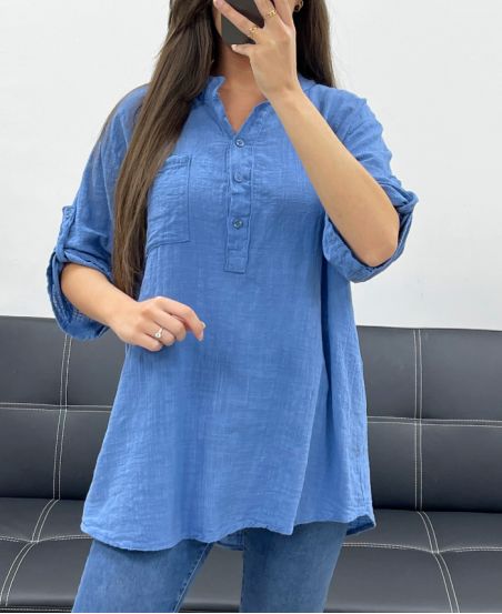 BLUSA DE GASA DE ALGODÓN CON BOLSILLO PE0457 JEANS AZULES