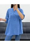 BLUSE AUS BAUMWOLLGAZE MIT TASCHE PE0457 BLAU JEANS