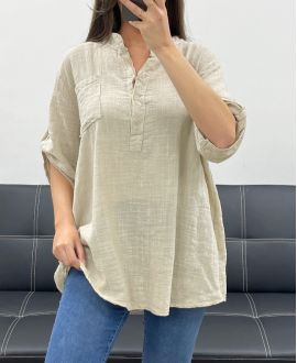 BLUSA DE GASA DE ALGODÓN CON BOLSILLO PE0457 BEIGE