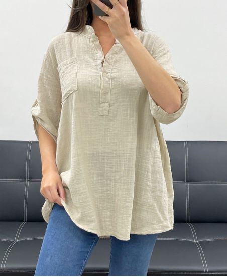 BLUSE AUS BAUMWOLLGAZE MIT TASCHE PE0457 BEIGE