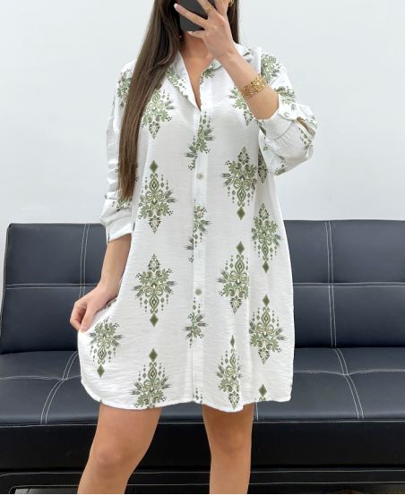 DŁUGA SUKIENKA/KOSZULA Z NADRUKIEM SS1685 KHAKI