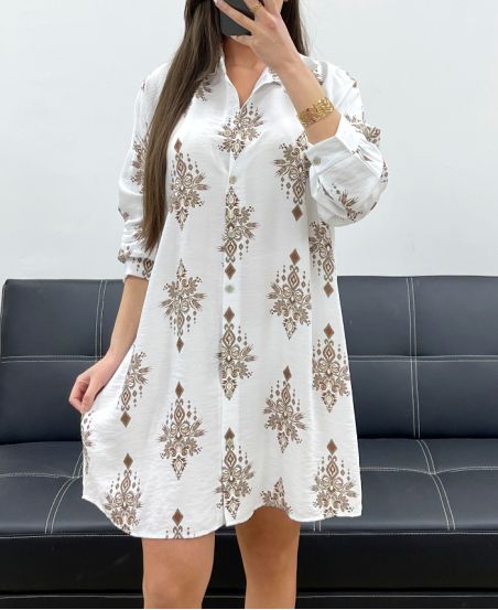 DŁUGA SUKIENKA/KOSZULA Z NADRUKIEM SS1685 CAMEL